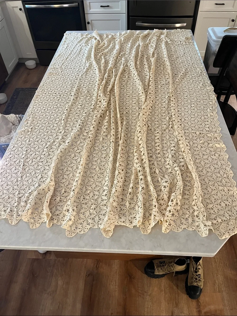 Vintage Crochet Lace Coverlet Tablecloth 75” x 67 Cream 2 coffee stains